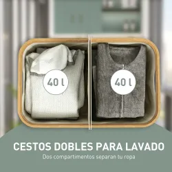 Cesto de Ropa Sucia Plegable con Tapa 80 L de Tela no Tejida 2 Compartimentos Asas 54x34x58,5 cm Beige - Ogal.Es