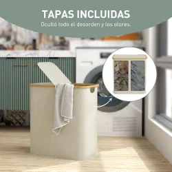 Cesto de Ropa Sucia Plegable con Tapa 80 L de Tela no Tejida 2 Compartimentos Asas 54x34x58,5 cm Beige - Ogal.Es