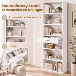 Estantería para Libros Alta y Estrecha Librería de 7 Niveles con Cajón 6 Compartimentos Abiertos 60x24x182 cm Bl... - Ogal.Es