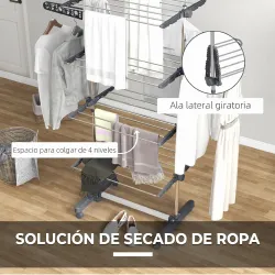 Tendedero Vertical de 4 Niveles con Ruedas 2 Laterales Abatibles Estantes Ajustables y Marco de Acero Gris y Plata - Ogal.Es