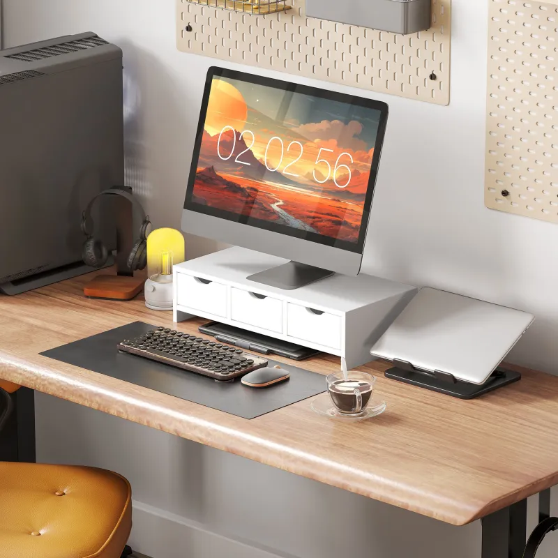 Elevador Monitor, Soporte para Monitor Escritorio con 3 Cajones para PC Portátil 51x24x13 cm Blanco - Ogal.Es