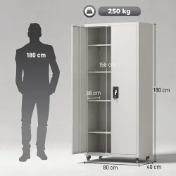 Armario de Herramientas de Acero 180 cm con Ruedas Extraíbles Estantes Ajustables Carga 250 kg para Garaje Blanco - Ogal.Es