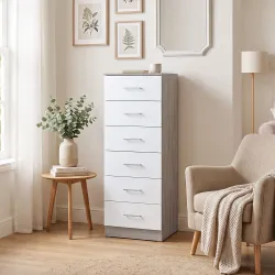 Cómoda de 6 Cajones Cajonera Alta para Dormitorio con Antivuelco 40x40x110 cm Gris Claro y Blanco - Ogal.Es