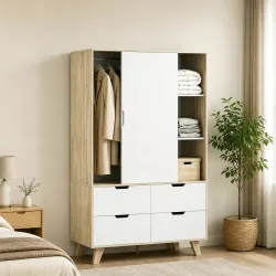 Armario Dormitorio Moderno con Puertas Correderas Barra para Colgar Estantes Ajustables y 4 Cajones Roble y Blanco - Ogal.Es