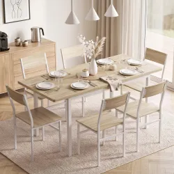 Conjunto Mesa de Comedor Extensible 120-160 cm y 6 Sillas para 4-6 Personas Efecto Roble - Ogal.Es