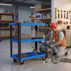 Carro de Herramientas con 3 Estantes Ruedas y Asas para Garaje Mecánico Hogar Carga 120 kg Azul y Negro - Ogal.Es