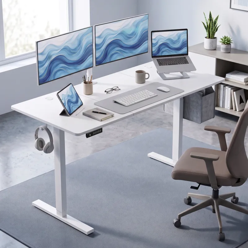 Escritorio Elevable Eléctrico 140x60 cm con 3 Memorias Pantalla LED 2 Ganchos y 2 Pasacables Blanco - Ogal.Es