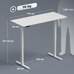 Escritorio Elevable Eléctrico 140x60 cm con 3 Memorias Pantalla LED 2 Ganchos y 2 Pasacables Blanco - Ogal.Es
