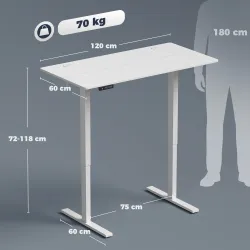 Escritorio Elevable Eléctrico 120x60 cm con 3 Memorias Pantalla LED 2 Ganchos y 2 Pasacables Blanco - Ogal.Es