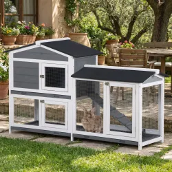 Conejera de Madera Exterior con Techo Asfáltico 2 Corrales de Metal Bandeja Extraíble 157,4x53x93,5 cm Gris - Ogal.Es