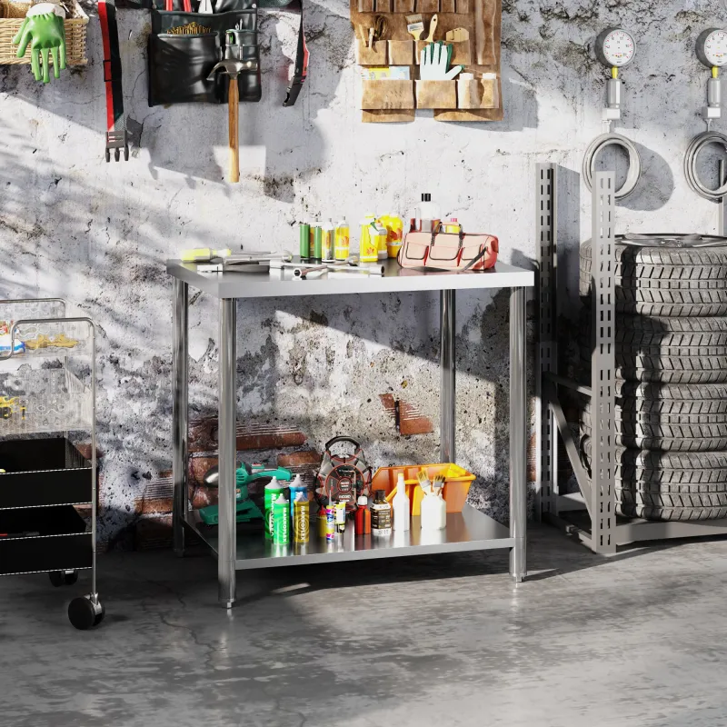 Mesa de Trabajo de Acero Inoxidable con 2 Estantes para Cocina Garaje Taller Carga 100 kg 90x60x86 cm Plata - Ogal.Es