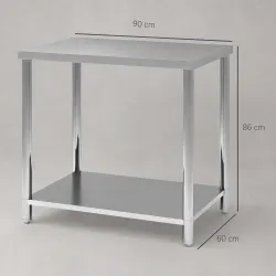 Mesa de Trabajo de Acero Inoxidable con 2 Estantes para Cocina Garaje Taller Carga 100 kg 90x60x86 cm Plata - Ogal.Es
