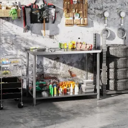 Mesa de Trabajo de Acero Inoxidable con 2 Estantes para Cocina Garaje Taller Carga 100 kg 120x60x86 cm Plata - Ogal.Es
