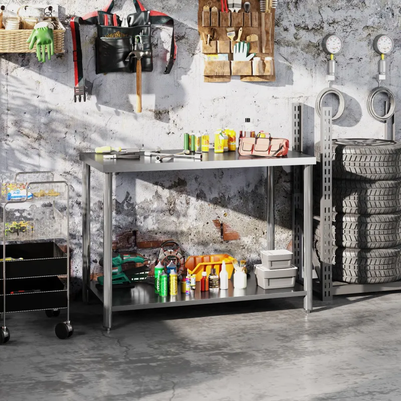 Mesa de Trabajo de Acero Inoxidable con 2 Estantes para Cocina Garaje Taller Carga 100 kg 120x60x86 cm Plata - Ogal.Es