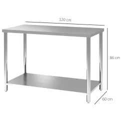 Mesa de Trabajo de Acero Inoxidable con 2 Estantes para Cocina Garaje Taller Carga 100 kg 120x60x86 cm Plata - Ogal.Es