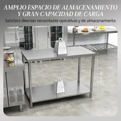 Mesa de Trabajo de Acero Inoxidable con 2 Estantes para Cocina Garaje Taller Carga 100 kg 120x60x86 cm Plata - Ogal.Es