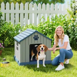 Caseta para Perros Medianos Exterior de Plástico Impermeable con 2 Ventanas Base Elevada Estacas 85x79x82 cm Gris - Ogal.Es