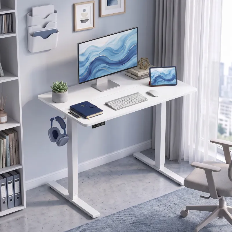 Escritorio Elevable Eléctrico 100x60 cm con 3 Memorias Pantalla LED 2 Ganchos y 2 Pasacables Blanco - Ogal.Es