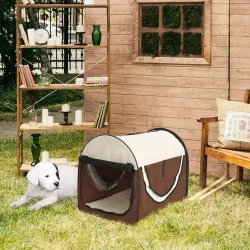 Transportín para Perros y Gatos Plegable 46x36x41 cm con Cojín Lavable Ventanas de Malla Estacas Marrón - Ogal.Es