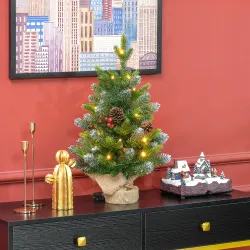 Árbol de Navidad Sobremesa 60 cm con 20 Luces LED 141 Ramas 5 Piñas 5 Racimos de Bayas Rojas y Soporte de Metal ... - Ogal.Es