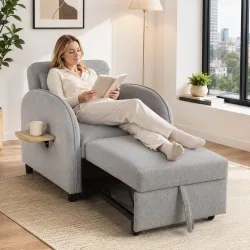 Sillón Cama Convertible 3 en 1 Sofá Cama 1 Plaza con Mesa Lateral Plegable Respaldo Ajustable Gris - Ogal.Es