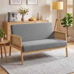 Sofá de 2 Plazas Tapizado en Lino con Detalles Ratán Sintético Estructura de Madera Carga 240 kg 115x77x77 cm Gris - Ogal.Es