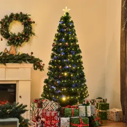Árbol de Navidad 180cm Artificial Árbol con Soporte Metálico Luces LED Multicolores Verde Natural Material PVC - Ogal.Es