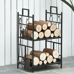 Soporte para Leña de Metal con 4 Herramientas y Asas para Interior y Exterior 51,5x33x77 cm Negro Dorado - Ogal.Es