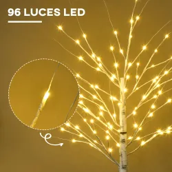 Árbol de Abedul Altura 180 cm con 96 Luces LED IP44 Blanco Cálido Decoración para Interiores 22x22x180 cm Blanco - Ogal.Es