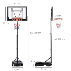 Canasta de Baloncesto con Altura Ajustable 206-260 cm Aro de Baloncesto con Ruedas y Base Rellenable Negro - Ogal.Es
