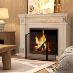 Protector de Chimenea Plegable de 3 Paneles Pantalla de Chimenea con Estructura de Acero 96x62 cm Negro - Ogal.Es