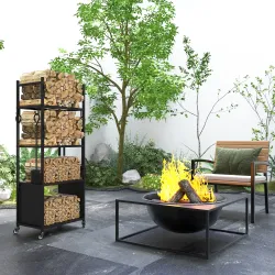 Leñero de 4 Niveles Soporte para Leña con Ruedas Pala Atizador Cepillo Tenazas para Interior Exterior 45x30x118 ... - Ogal.Es