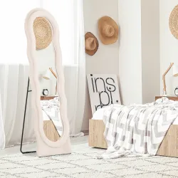 Espejo de Cuerpo Entero 160x50 cm Diseño Ondulado Marco con Tela de Terciopelo para Salón Dormitorio Crema - Ogal.Es