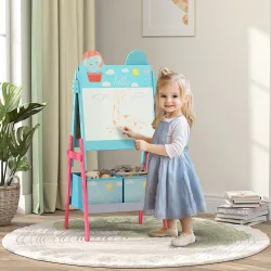 Pizarra Infantil de Doble Cara con 2 Cajas de Tela Caballete de Pintura para Niños con Estampado de Animales Azul - Ogal.Es