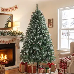 Árbol de Navidad Artificial 180 cm con 910 Ramas con Nieve 58 Piñas y Soporte Metálico Plegable Fácil Montaje Verde - Ogal.Es