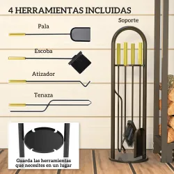 Juego de Utensilios para Chimenea de 5 Piezas de Metal con Escoba Pala Tenazas Atizador y Soporte 20x20x71 cm Do... - Ogal.Es