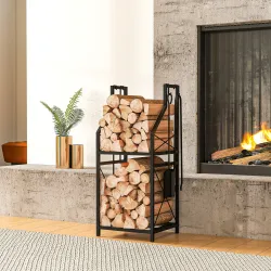 Estante de Leña Metálico de Chimenea Soporte para Leña de 2 Niveles con 4 Herramientas Ganchos 34x30x80 cm Negro - Ogal.Es
