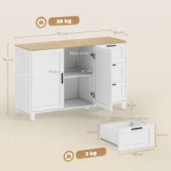 Aparador para Salón Moderno con 2 Puertas 3 Cajones Estante Ajustable para Comedor Entrada 120x38x76 cm Blanco - Ogal.Es