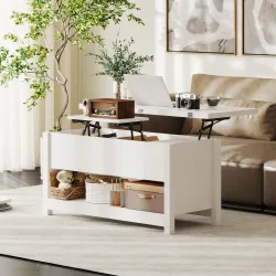 Mesa de Centro Elevable y Extensible con Compartimentos Ocultos Estante Abierto 100x90x62 cm Blanco - Ogal.Es