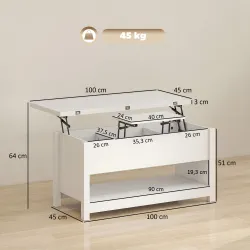Mesa de Centro Elevable y Extensible con Compartimentos Ocultos Estante Abierto 100x90x62 cm Blanco - Ogal.Es