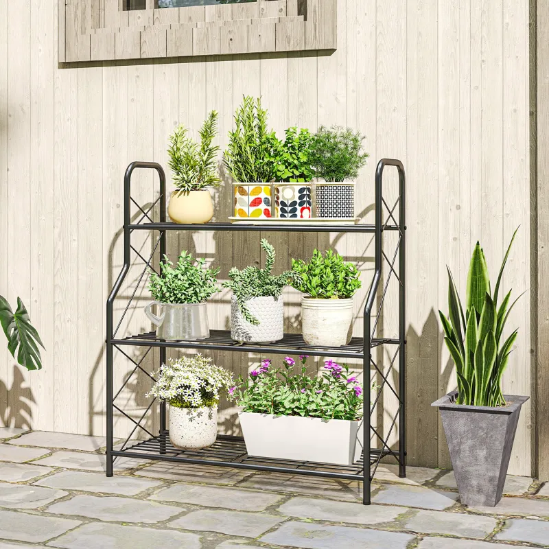 Soporte para Plantas de 3 Niveles Estantería Metálica Resistente para Interior y Exterior 69x28,5x78 cm Negro - Ogal.Es