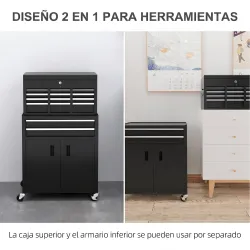 Carro de Herramientas con Baúl Superior 6 Cajones Armario Cerradura 4 Ganchos para Garaje Hogar Negro - Ogal.Es