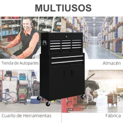 Carro de Herramientas con Baúl Superior 6 Cajones Armario Cerradura 4 Ganchos para Garaje Hogar Negro - Ogal.Es