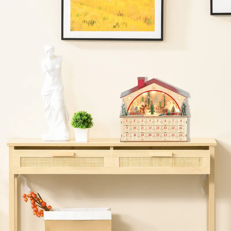 Calendario de Adviento para Rellenar de Madera con Luces LED 24 Cajones y Escena de Pueblo 36x10x34 cm Natural - Ogal.Es