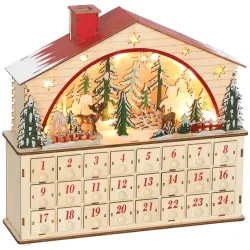 Calendario de Adviento para Rellenar de Madera con Luces LED 24 Cajones y Escena de Pueblo 36x10x34 cm Natural - Ogal.Es
