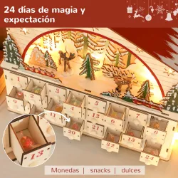 Calendario de Adviento para Rellenar de Madera con Luces LED 24 Cajones y Escena de Pueblo 36x10x34 cm Natural - Ogal.Es