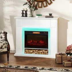 Chimenea Eléctrica Empotrable con Efecto de Llama 3D Tira de Luz LED RGB 1800W Temporizador Termostato Blanco - Ogal.Es