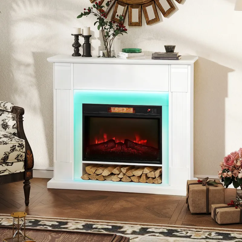 Chimenea Eléctrica Empotrable con Efecto de Llama 3D Tira de Luz LED RGB 1800W Temporizador Termostato Blanco - Ogal.Es