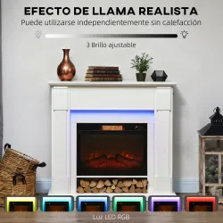 Chimenea Eléctrica Empotrable con Efecto de Llama 3D Tira de Luz LED RGB 1800W Temporizador Termostato Blanco - Ogal.Es