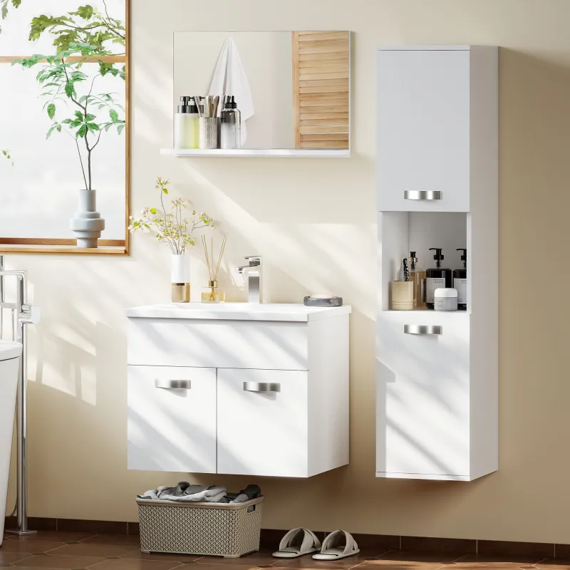 Conjunto de Muebles de Baño de Pared 4 Piezas Incluye Espejo Armario con Lavabo Cerámico y Columna de Baño Blanco - Ogal.Es